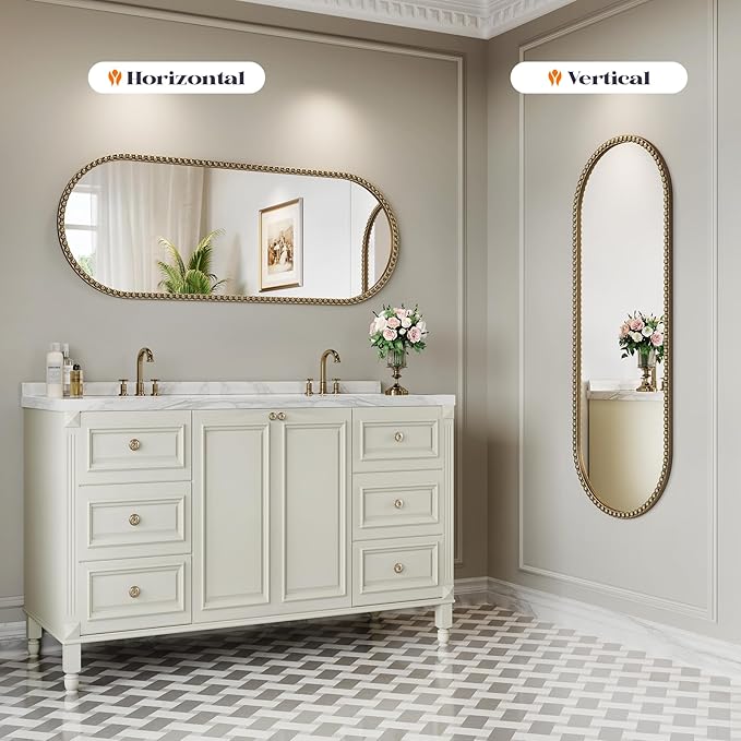 Champagne Bronze Bathroom Mirror with Beaded, 20"x53" Oval Full Length Mirror for Wall Decorated, Gold Vintage Beaded Mirrors with Brass Frame for Bedroom,Living Room,Hallway,Fireplace