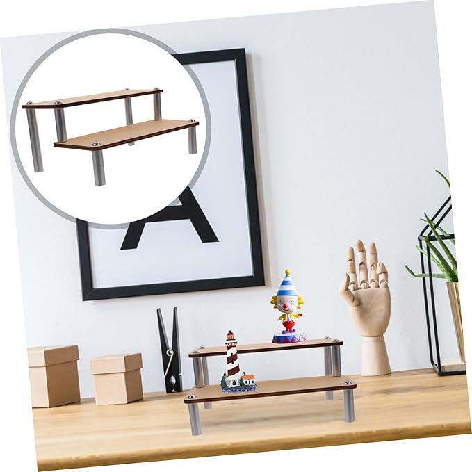 BESTYASH Wooden Multi-Layer Makeup Organizer Display Stand 2-Tier Rustic Shelf for Cosmetics Toy Figures and Crafts for Vanity and Collectibles Showcase