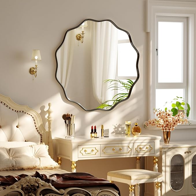 24 Inch Scalloped Round Wall Mirror, Black Wavy Edge Frame Circle Mirror for Bathroom, Bedroom, Entryway, Living Room for Wall Decor