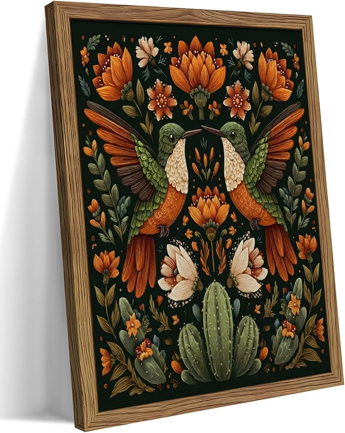 Framed Mexican Hummingbird Wall Art, Vintage Birds Animal Canvas Wall Decor Painting, Colorful Floral Cactus Botanical Poster Print Picture for Living Room Bedroom Bathroom 16x24 Inch