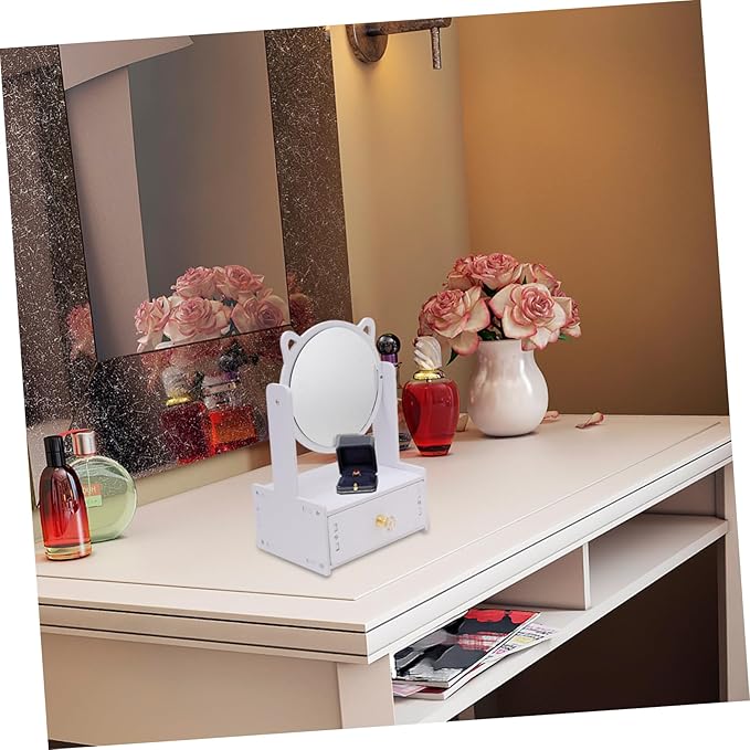 Desktop Makeup Mirror with Storage Drawer Cat Ears Design for Home and Office Use Durable Material Stylish Vanity Organizer for Cosmetics and Accessories