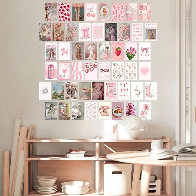 KBKBART 50Pcs Pink Coquette Room Decor Aesthetic Pictures, Pink Posters Coquette Room Decor, 4"x6" Wall Collage Kit for Teen Girls Dorm Bedroom, Cute Pictures Trendy Wall Art Prints