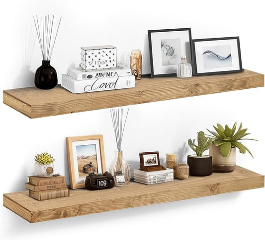 48x6.8x2in Floating Shelf – Natural Oak Solid Wood Rustic Mounted Shelf – Heavy Duty Decorative Storage for Living Room, Kitchen, Bathroom, Bedroom
