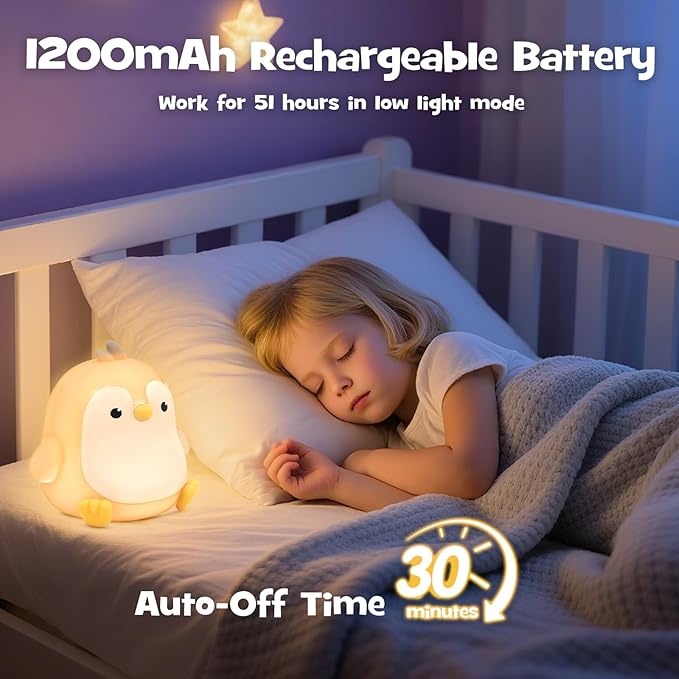Squishy Penguin Night Light with RGB Mode Cute Chubby Penguin Light 3 Brightness Adjustable Nursery Breastfeeding Nightlight Rechargeable Silicone Touch Bedside Animal Lamp for Bedroom Dorm Decor