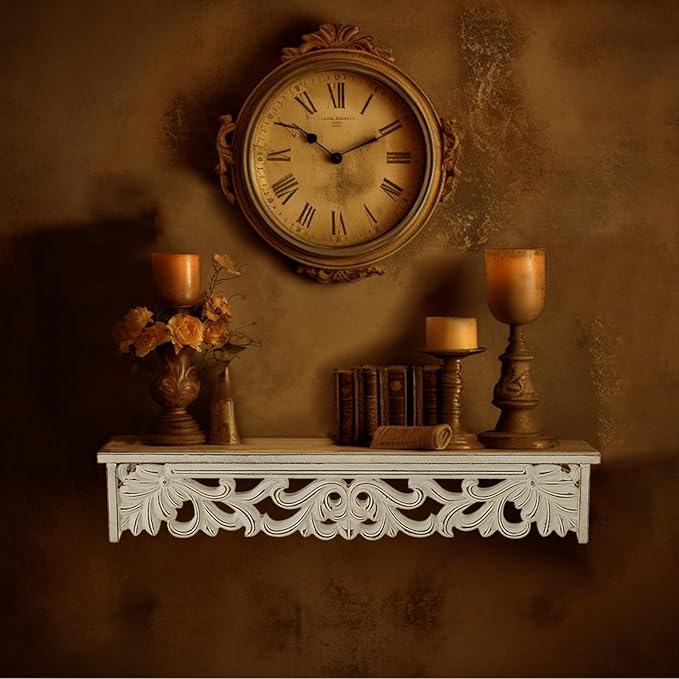 White Wall Shelves French Country Decor - Vintage Floating Shelf Antique Wood Wall Decor Farmhouse Rustic Hanging Shelves for Living Room Bedroom (24"+19")