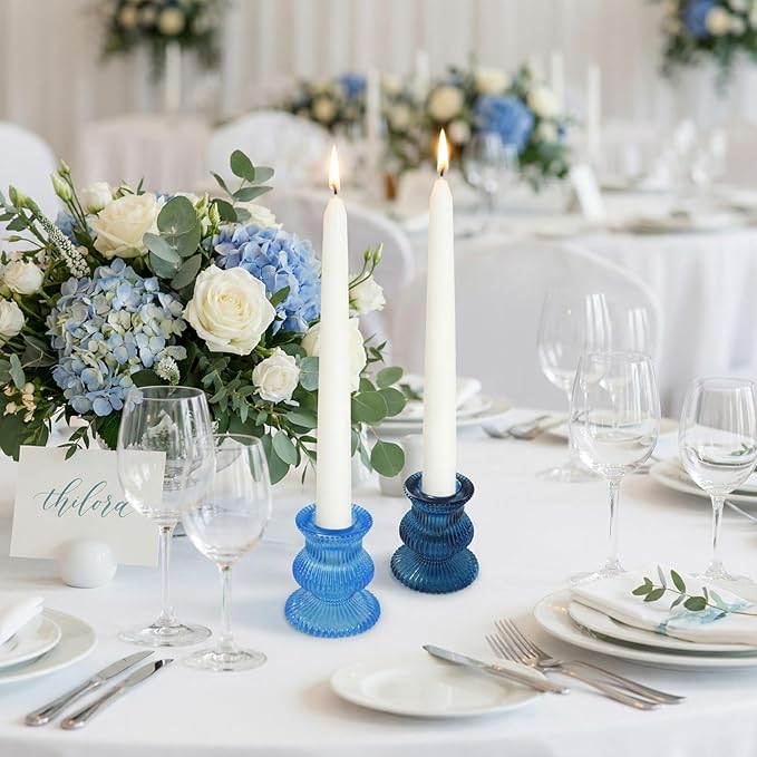 Blue Candlestick Holders 12 Pcs, Ribbed Taper Candle Holders for Table Centerpieces, Vintage Glass Candle Holders Bulk for Wedding, Birthday, Baby Shower Decoration