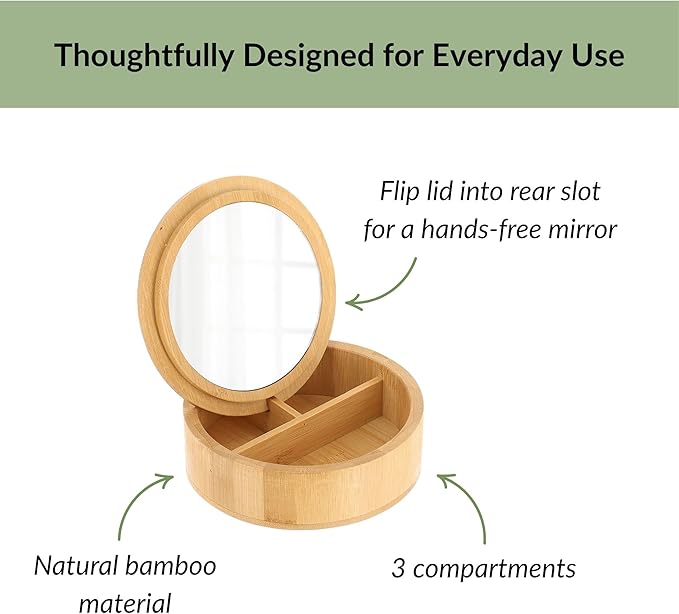 EVIDECO French Home Goods Round Bamboo Box with Mirror Lid - 3-Compartment Organizer for Jewelry, Makeup & Small Accessories - Compact 5.25-Inch Design for Bathroom, Vanity or Dresser