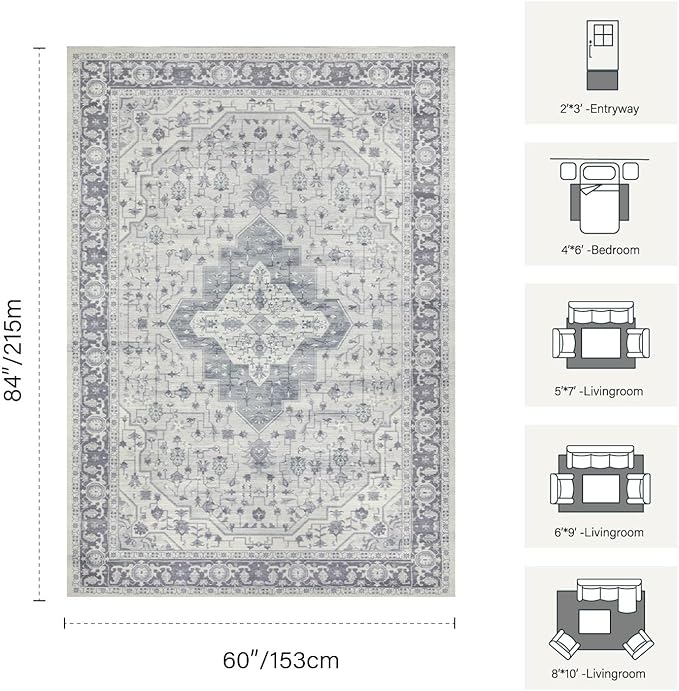 Rugxara 5X7 Washable Area Rug for Living Room, Vintage Large Boho Rugs for Office, Dining Room, Kids Room, Farmhouse, Durable Low Pile Non Slip Carpet for High Traffic Areas, Blue Quartz