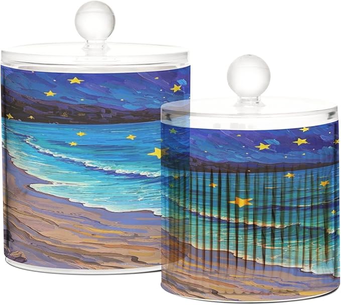 Art Starry Beach Clear Plastic Makeup Organizer Storage with lid Pantry Essentials Decorative storage bin for Cotton Swabs,Cotton Pads,Floss Picks,Paper Clips,Hair Clips 2 Pack