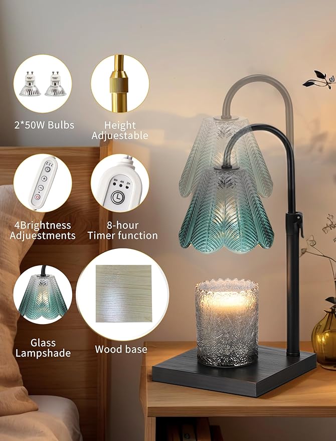 Candle Warmer Lamp with Timer & Dimmer, 2 Bulbs, Height Adjustable, Fit All Size Jar Scented Candles, Safe Aromatherapy Light for Sleep, Work, Yoga, Bedroom, Office, Gift (Teal)