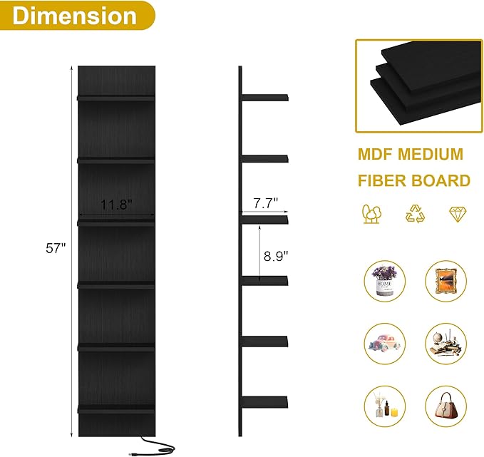 Qupui 6 Tier Wall Shelf Unit with LED Remote Control Light, Floating Storage Home Decor Organizer Shelving for Bedroom Living Room, Black