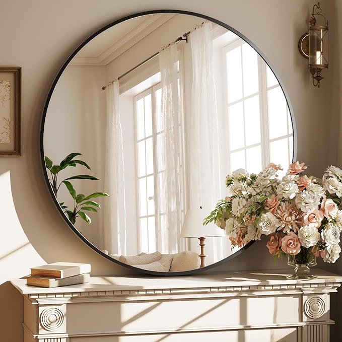 XRAMFY 40 Inch Round Mirror - Circle Mirrors for Bathroom, Entryway and Living Room Wall Decor, Modern Hanging Vanity Mirror, Matte Black Circle Decorative Wall Mirror