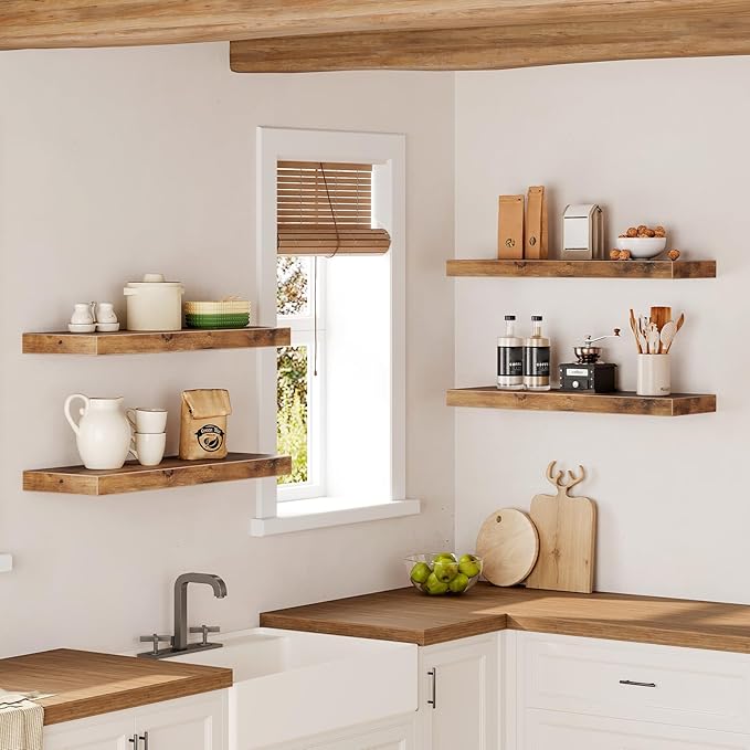 RALGEND Floating Shelves for Wall, 23.6“ Long Wall Shelf Set of 4 with Invisible Brackets, 1.5" Thick Hanging Shelves Farmhouse Home Decor for Bathroom, Living Room, Bedroom, Rustic Brown 6301BJP4BF