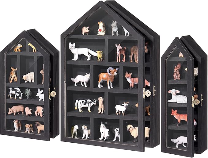 DoubleFill Set of 3 Wooden Trinket Display Shelf Shadow Box with Shelves 10 x 15 Inch Large Wall Mounted Display Storage Mini Figures Curio Trinket Medals Crafts Collections(Black,House Shape)