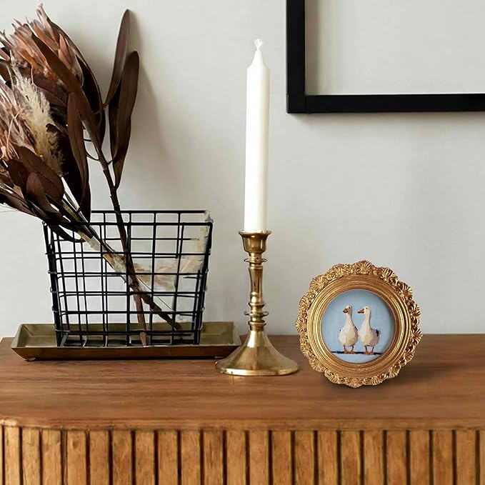 Small Vintage Couple Duck Goose Round Picture Frame Wall Decor, Rustic Farmhouse Gold Mini Ornate Photo Frame for TableTop Desk 2.7in Photo,Funny Framed Artwork for Walls Office Bedroom Shelf