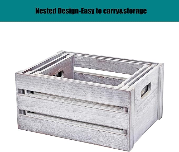 Storage Crates 3 Pcs Wooden Crates Decorative Boxes,Nesting Storage Container Rustic White,Boxes for Storage, Display,Decor