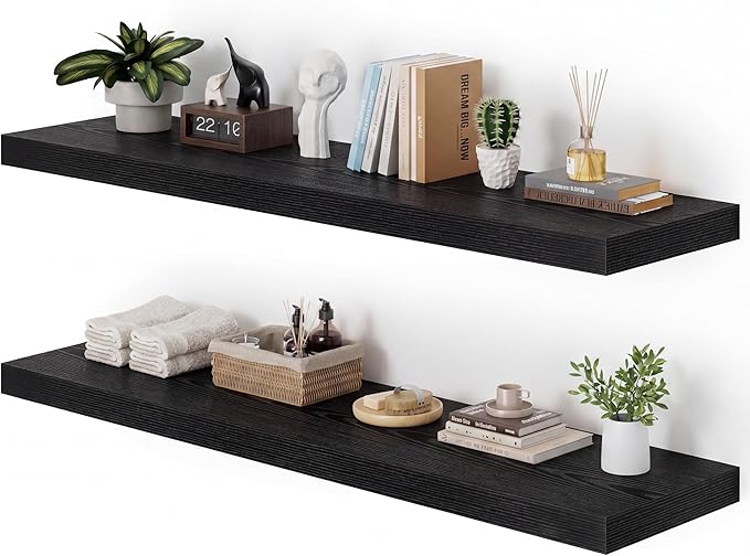 Heimlove 48W x 12D Long Floating Shelf, 12 Inch Deep Black Floating Shelves for Wall Set of 2, Wood Shelves for Bedroom Living Room Bathroom Kitchen Home Office, Wall Shelves with Heavy Duty Bracket