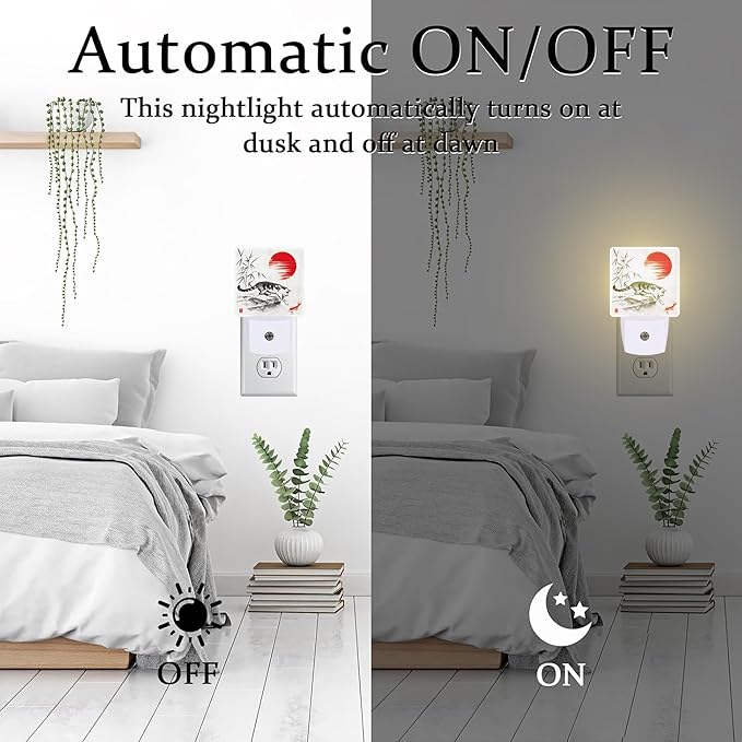 Watercolor Cat and Koi Fish Night Light, Red Sun Bamboo Ink Painting Dusk to Dawn Night Light Plug in,0.5w Energy Saving Sleep Friendly NightLight for Kids Boys Girls Home Decor