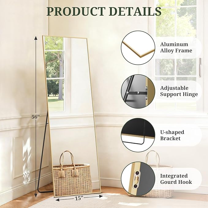 Mirror Full Length 56"x15" Full Body Floor Mirror with Stand, Shatterproof Glass, Aluminum Alloy Frame, Free Standing Wall Mounted or Leaning Rectangle Mirrors for Bedroom Living Room Entryway