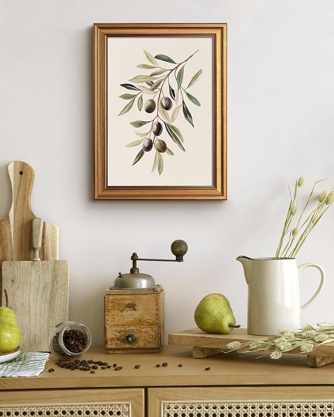 Bzstyleart Vintage Wall Art Decor for Bedroom, Watercolor Olive Branch Botanical Wall Art, Gold Framed Artwork, Vintage Botanical Prints, Room Decor Aesthetic for Kitchen, 12 x 16 Inch