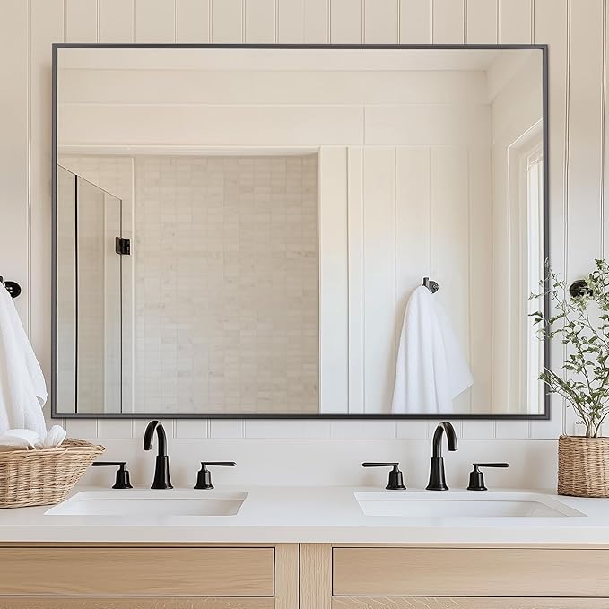 Antok 48x30 Black Metal Framed Bathroom Mirror, Wall Mirror with Rect Corners, Vanity Mirror for Over Sink, Anti-Rust Tempered Glass, Horizontal/Vertical Hanging for Bathroom, Living Room, Entryway