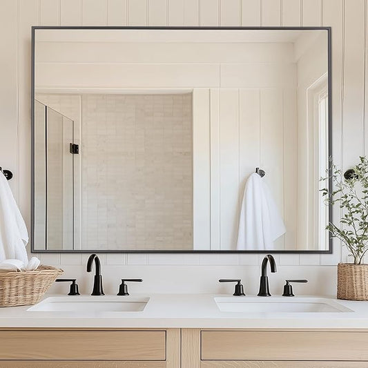Antok 48x36 Black Metal Framed Bathroom Mirror, Wall Mirror with Round Corners, Vanity Mirror for Over Sink, Anti-Rust Tempered Glass, Horizontal/Vertical Hanging for Bathroom, Living Room, Entryway