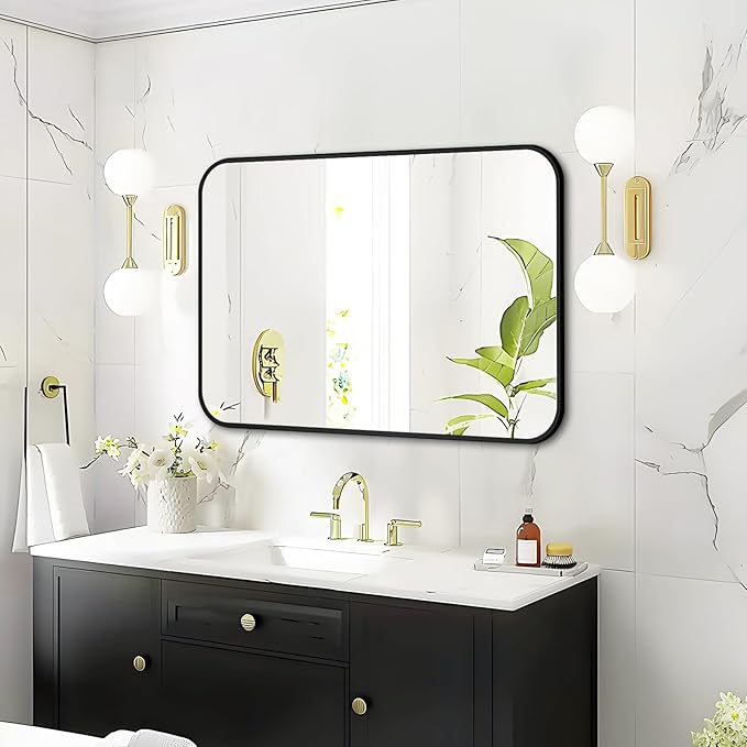 Fabuday Black Bathroom Mirror for Over Sink - 22x30 Matte Metal Framed Wall Mirror, Rounded Rectangular Vanity Mirrors for Living Room, Bedroom, Entryway, Hallway, Horizontally/Vertically