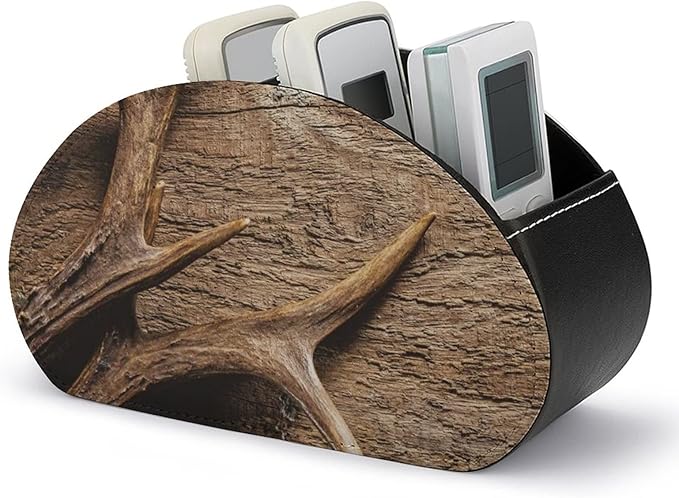 Deer Antlers On Wood Table Rustic TV Remote Control Holder Storage Organizer Box with 5 Compartments For Home Office Desktop