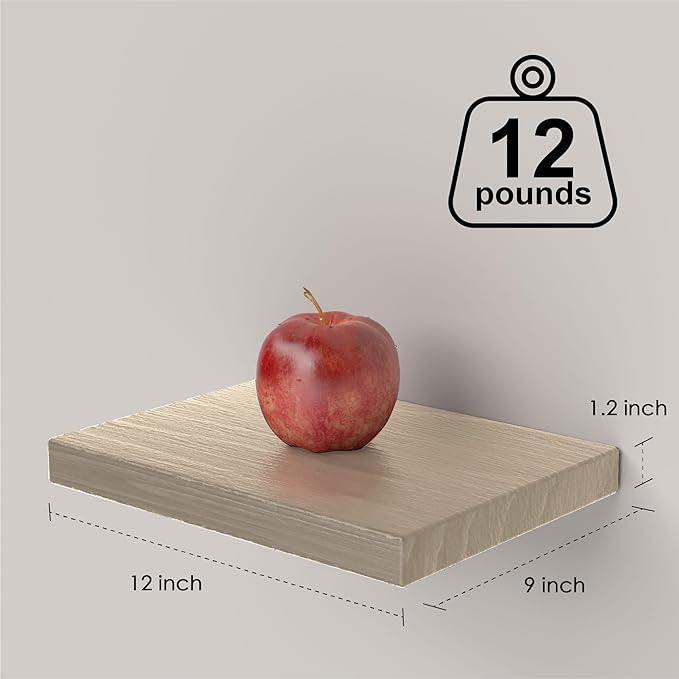 PopiShelves Small Floating Shelves for Wall - 12 x 9 Inch Natural Wood Shelves for Bedroom, Living Room, Bathroom, Kitchen, Office Decor Set of 3