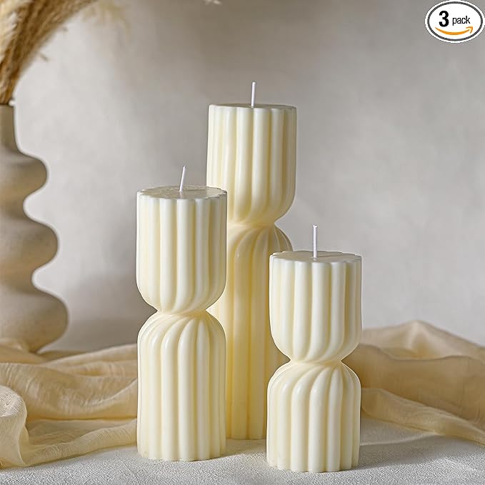 Conelist Ribbed Pillar Candles Set of 3 Width 2.4" High 5.5" 7" 9" Handmade Scented Soy Wax Candle Natural Aesthetic Candles Housewarming Gift Decorative Candles for Home Decor(White)