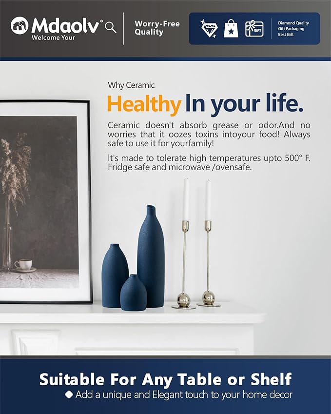 Mdaolv Matte Blue Vase Set Navy Blue Decor Coastal Decor Vases for Kitchen Island Living Room Office Table Fireplace Mantle Decorations & Bathroom Shelf Decor Centerpiece Table Decorations Ceramic