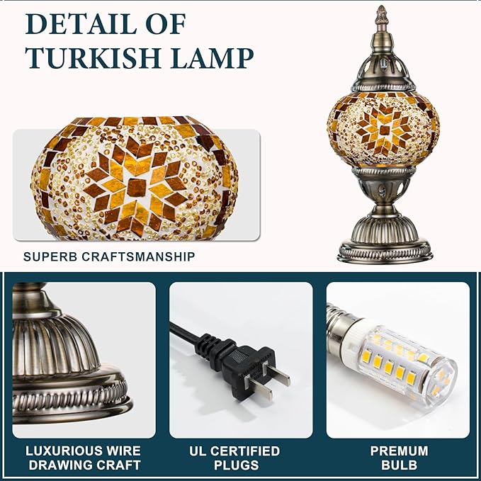 Marrakech Turkish Table Lamp with Bronze Base，Handmade Yellow Moroccan Tiffany Style Mosaic Glass Night Stand Light Fixture Including LED Bulb for Living Room Bedroom Decor (Yellow)