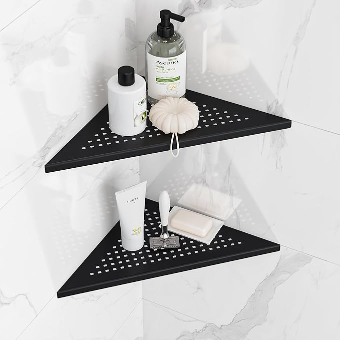 Neodrain 12 Inch Matte Black Corner Wall Shelf Set of 2, Floating Corner Shelves for Wall, 304 Stainless Steel Wall Storage Shelves for Bathroom,No Drilling