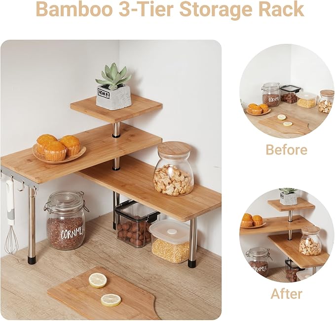 HYNAWIN 3-Tier Corner Shelf, Bamboo & Metal Storage Rack with Hooks, Adjustable Countertop Organizer for Kitchen, Bathroom, Bedroom or Office