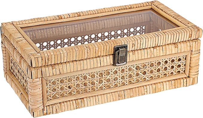 Hipiwe Rattan Decorative Box with Clear Lid and Lock - Natural Woven Wicker Basket Bin Rectangular Basket Organizer Vintage Wood and Cane Display Boxes for Shelves Home Storage and Decor