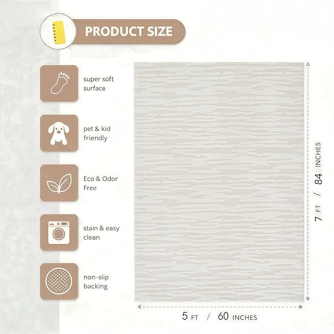 Textured High-Low Striped Area Rug for Living Room Bedroom, Modern, Wabi-Sabi, Minimalist, Japandi, Neutrel, Washable Soft Cozy 5 * 7 feet