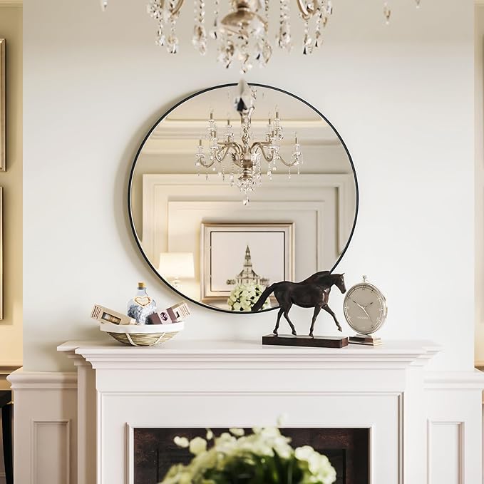 Growsun 48 inch Large Round Mirror, Bathroom Mirror for Wall, Metal Frame Round Mirror for Fireplace Living Room Wall Decor, Black Frame