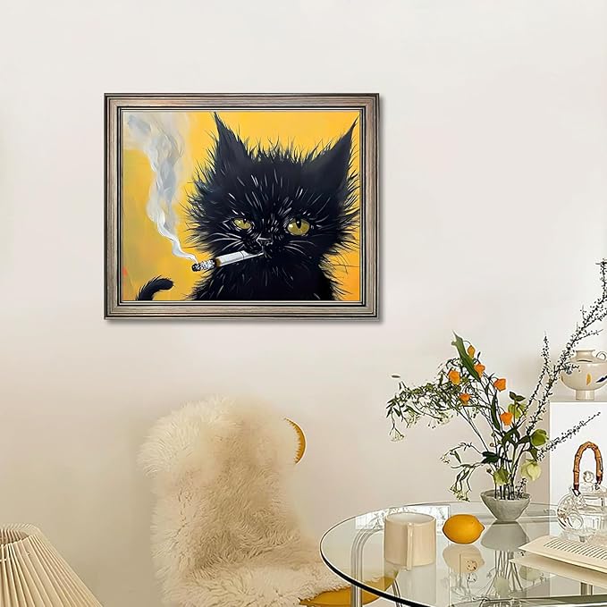 Vintage Framed Black Cat Painting Cat Portrait Wall Art Canvas Print Poster for Mens Room Living Room Bedroom Bathroom Home Decor
