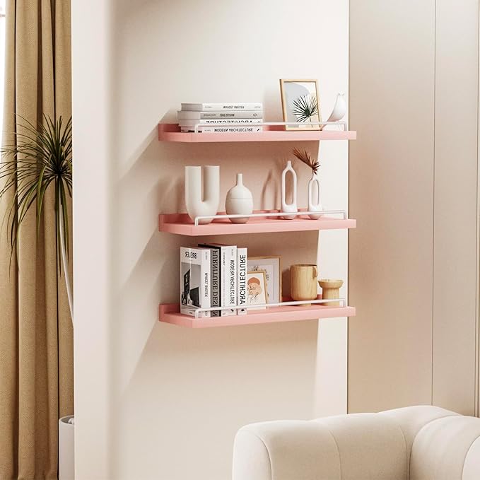 RYOFOBETTO Pink and White Floating Shelves, Kawaii Room Decor Wall Shelves - Set of 3 for Living Room, Bedroom, Kitchen, Picture Frames, Plants