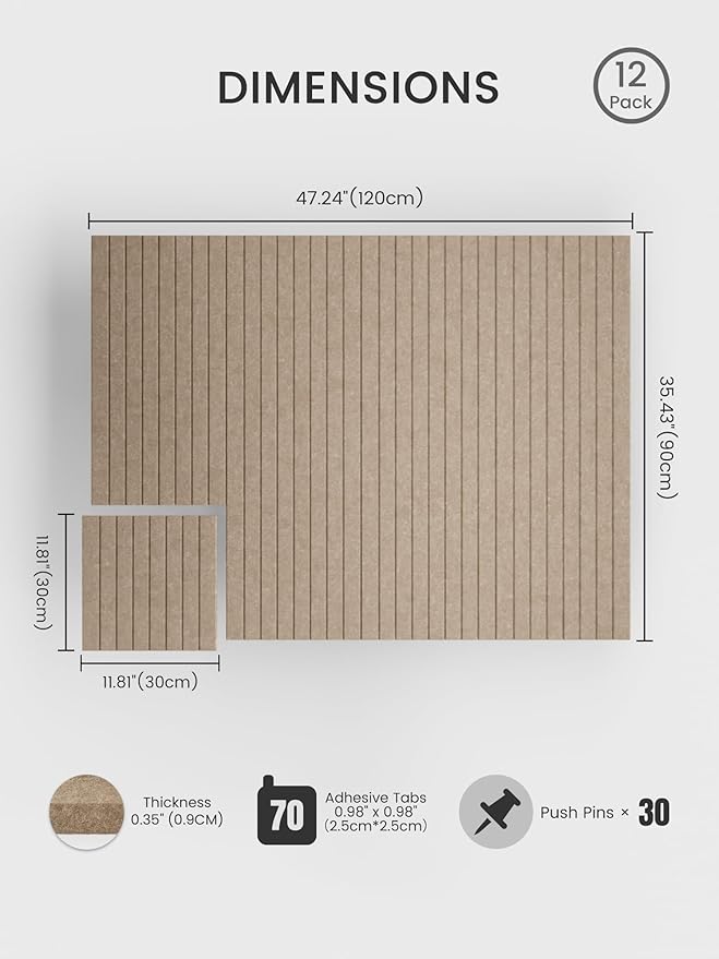 Bumusty Large Cork Board Alternative-48 x 36" Felt Bulletin Board Tiles, with 30 Pushpins, 70 Adhesive Tabs, Fine-Stripe 12-Pack, Cork Boards for Office Push Pin Board Felt Board-Taupe