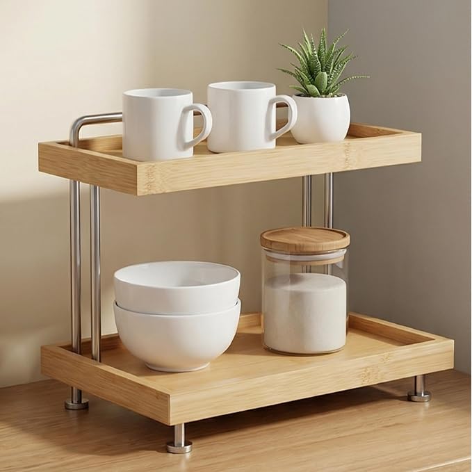 HYNAWIN Bamboo Two-Tier Storage Rack，Tabletop Storage Organizer for Kitchen, Bathroom, Office, and Home Use