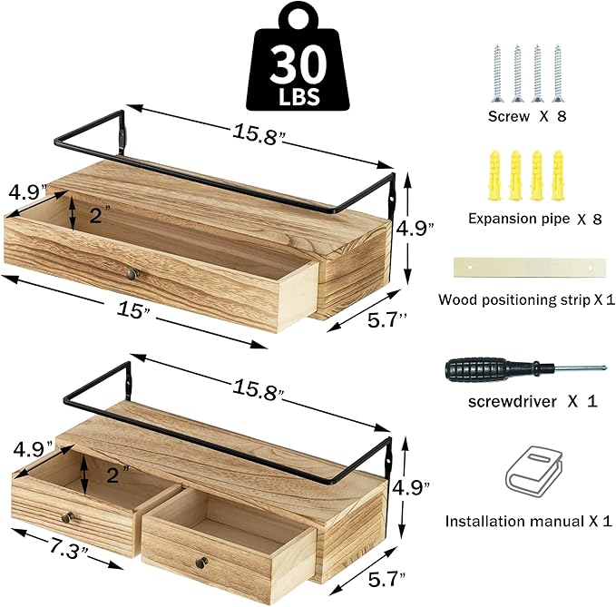 dreampossible 2-Pack Rustic Floating Shelves with Drawer, Wall Mounted Bathroom Shelf, 15.8 Inch Long, Brown Wood & Metal, 30 lbs Capacity