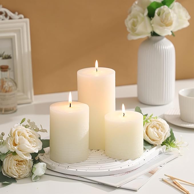 3x4 Inch White Pillar Candles - Set of 3, Hand-Poured Unscented, Long Burning, Smokeless Dripless for Dinner Table, Wedding, Home, Bathroom, Rustic Decor