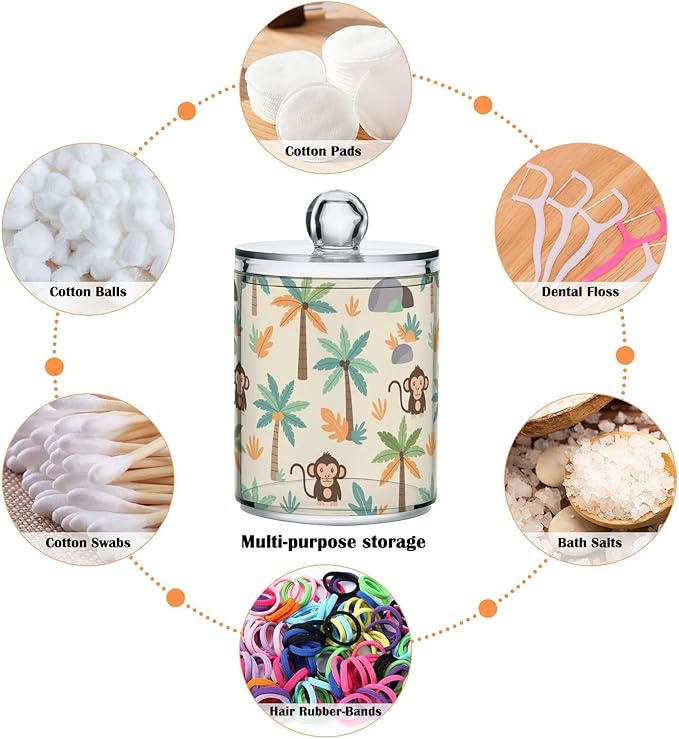 Cartoon Monkey Palm Tree Bathroom Containers Holder with Lids Set Clear Jars 2 Pack Plastic Makeup Storage Organizer 4.13 x 2.75In for Pads Cotton Swabs Hair Clips