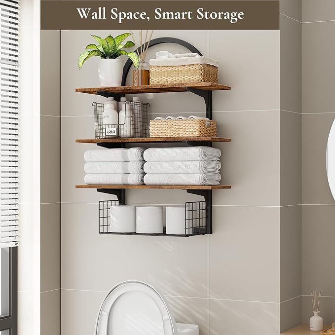 3 Tier Floating Shelf with Storage Baskets, Wall Mounted Bathroom Shelves Over Toilet, Wood Wall Shelves for Kitchen, Bedroom, Living Room, Home Organization and Decor, Rustic Brown