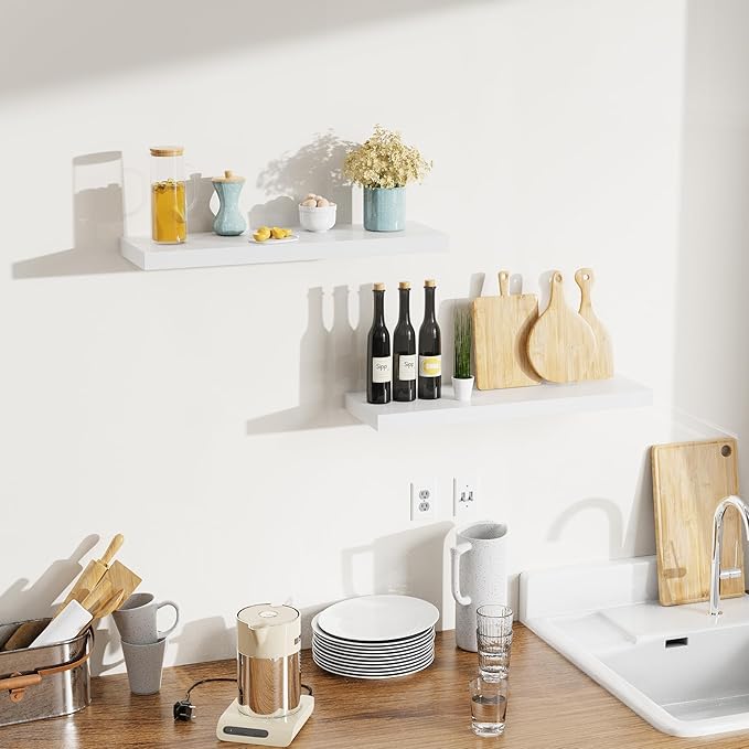 Bellsal Floating Shelves for Wall, White Engineered Wood Wall Shelf Set of 2, 24" Walls Mounted Floating Shelf for Kitchen, Living Room, Bedroom, Bathroom Storage, Book Shelf for Home Decor