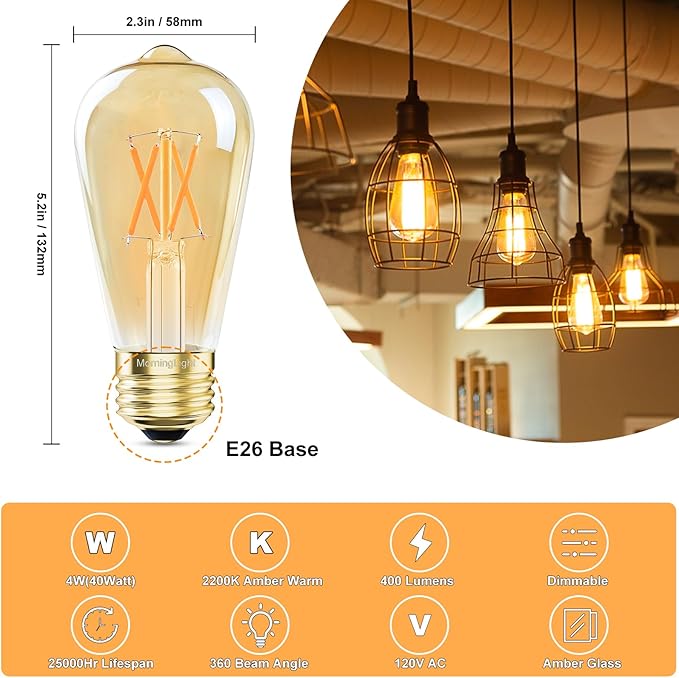 Dimmable ST58 LED Edison Bulbs 40W Equivalent, 2200K Amber Warm Light, E26 Base Vintage Light Bulbs, 4W 400LM Antique Decorative Filament Bulb for Farmhouse Pendant, Porch, Home Decor, 6 Pack