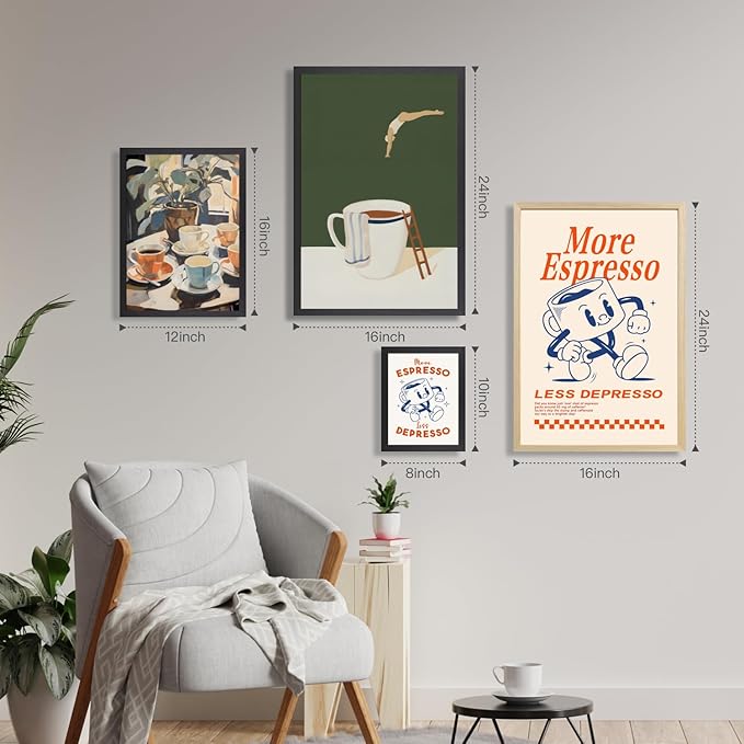 Cyebmo Modern Coffee Wall Art, Funny Diver Wall Decor, Vintage Kitchen Wall Decor, Minimalist Cafe Canvas Painting, Green Abstract Espresso Artwork for Kitchen Cafe Coffee Bar Wood Framed 16x24 Inch