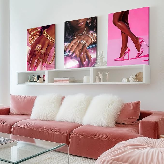 Pink Fashion Black Girl Canvas Wall Art Set of 3 African American Black Woman Posters Wall Decor Fashion Black Woman Pictures Prints for Living Room Bedroom Artwork Home Decoration 12x16Inch Framed