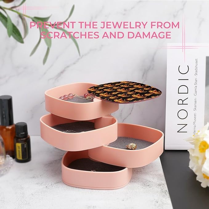 4-Layer Rotating Jewelry Box Mirror Necklace Ring Earring Storage Fire Flame Tiger Small Jewelry Organizer Box